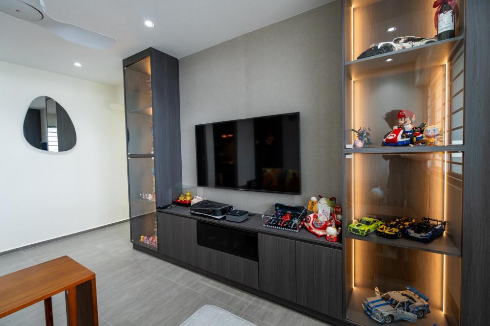Asian Living Room with Homogeneous Tiles and TV Console