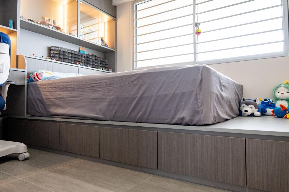 Asian Bedroom with Bookshelf and Platform Bed