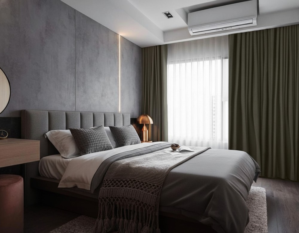 Modern Bedroom with Bedside Table and Bedroom Dresser
