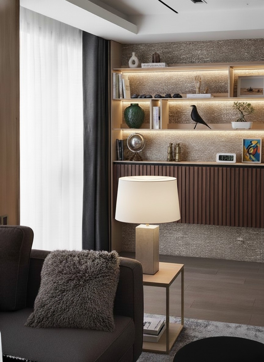 Modern Living Room with Bookshelf and Vinyl Flooring