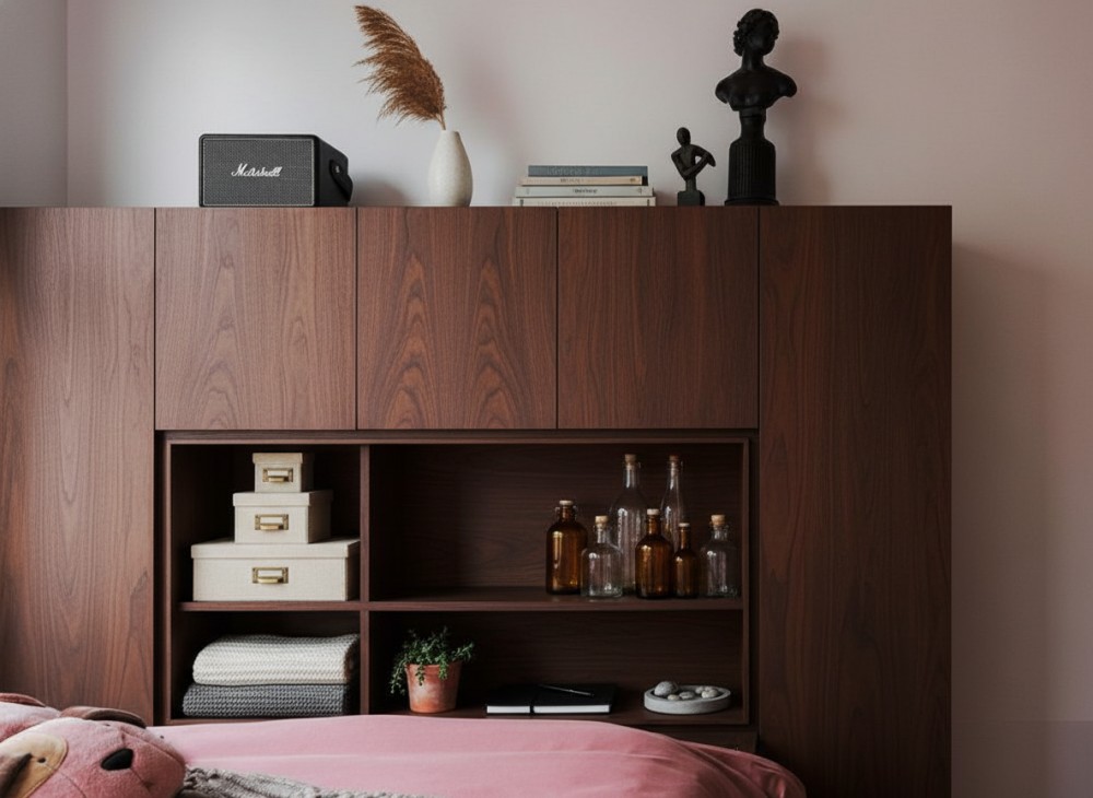 Modern Bedroom with Bookshelf and Wood Flooring