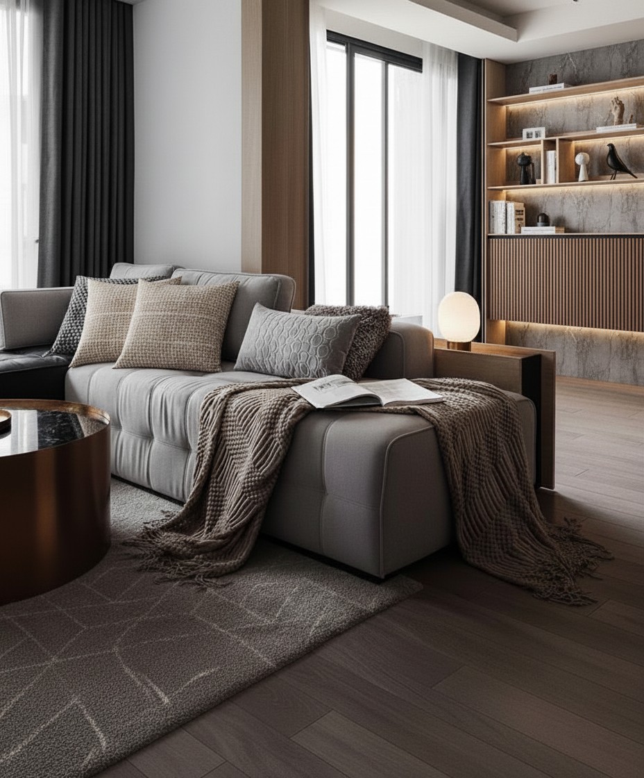 Modern Living Room with Bookshelf and Vinyl Flooring