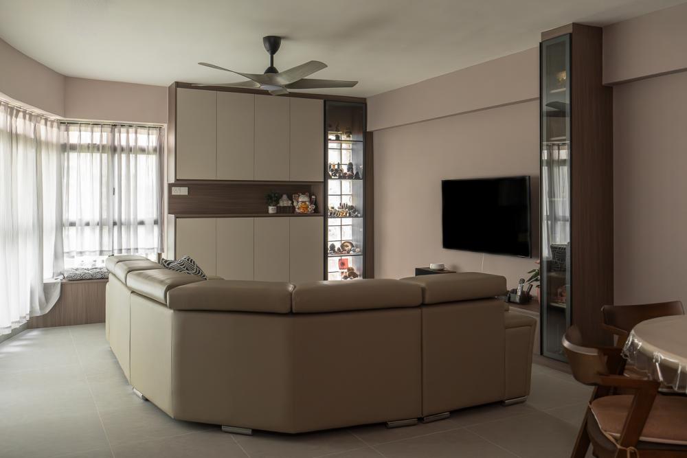 Vintage Living Room with Homogeneous Tiles and Curtain