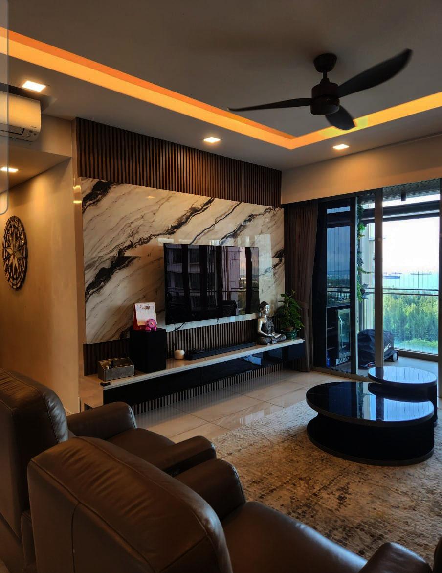 Modern Living Room with Feature Wall and Display Cabinets