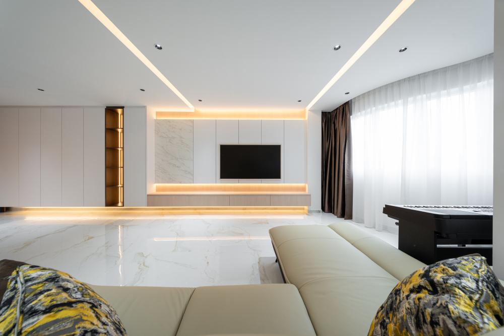 Contemporary Living Room with Homogeneous Tiles and TV Console