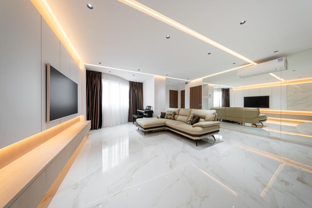 Contemporary Living Room with Homogeneous Tiles and TV Console