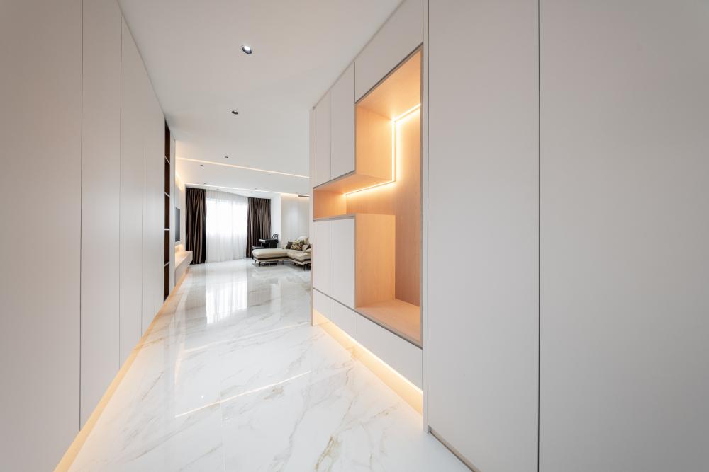 Contemporary Entryway with Seating Bench and Shoe Rack