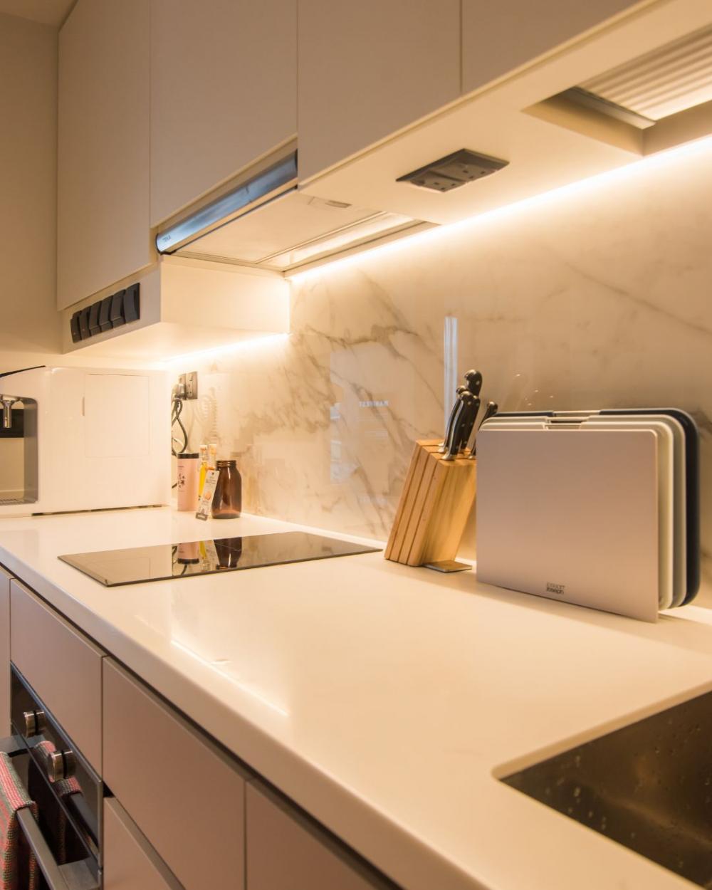 Scandinavian Kitchen with Countertop and Kitchen Backsplash
