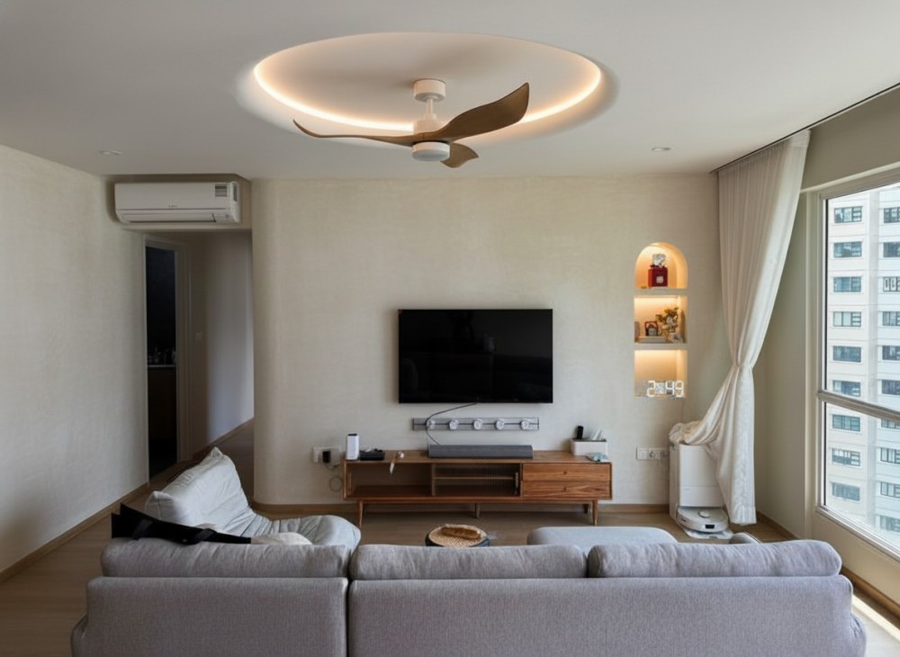 Scandinavian Living Room with Vinyl Flooring and Feature Wall