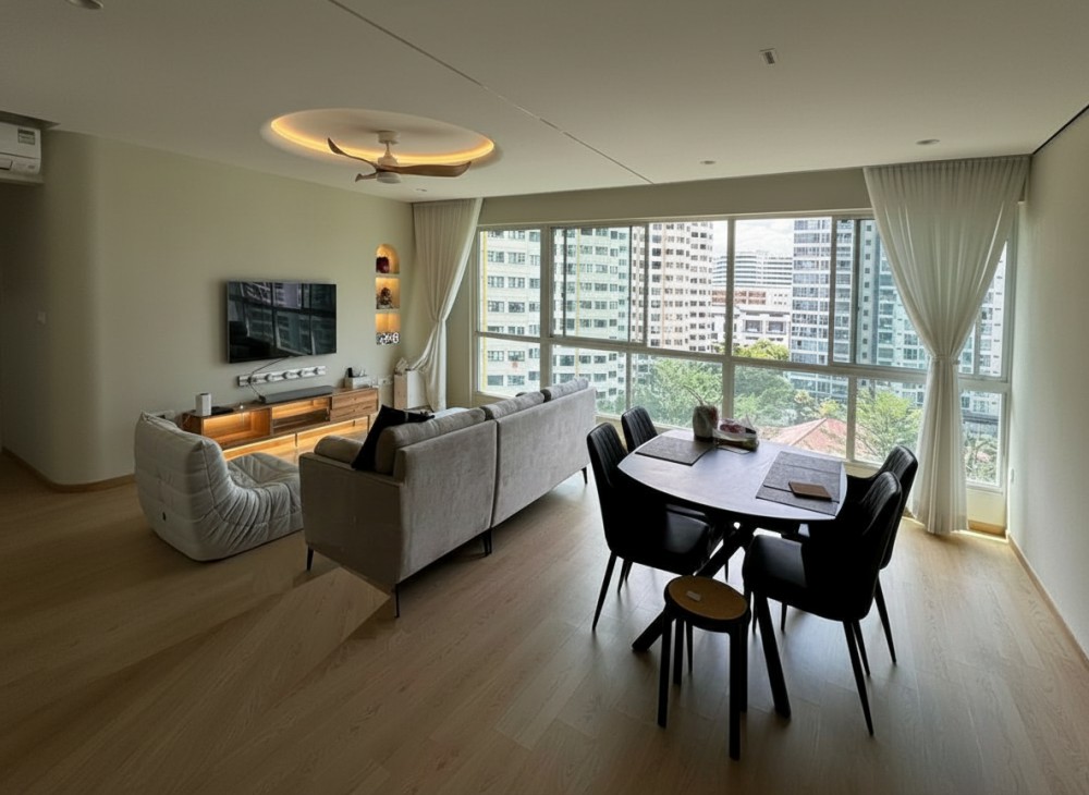 Scandinavian Living Room with TV Console and Drop Ceiling
