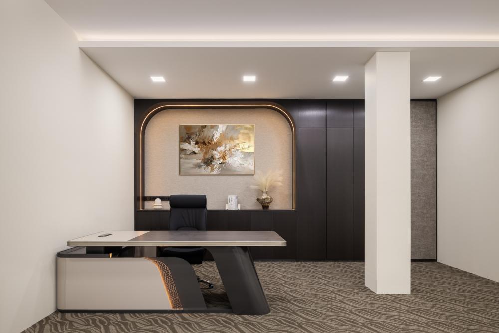 Modern Office with Bookshelf and Desk