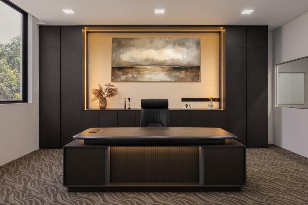 Modern Office with Bookshelf and Desk