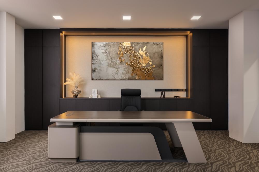 Modern Office with Bookshelf and Storage Cabinets
