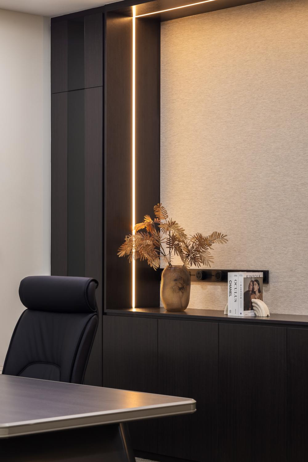 Modern Office with Bookshelf and Desk Chairs