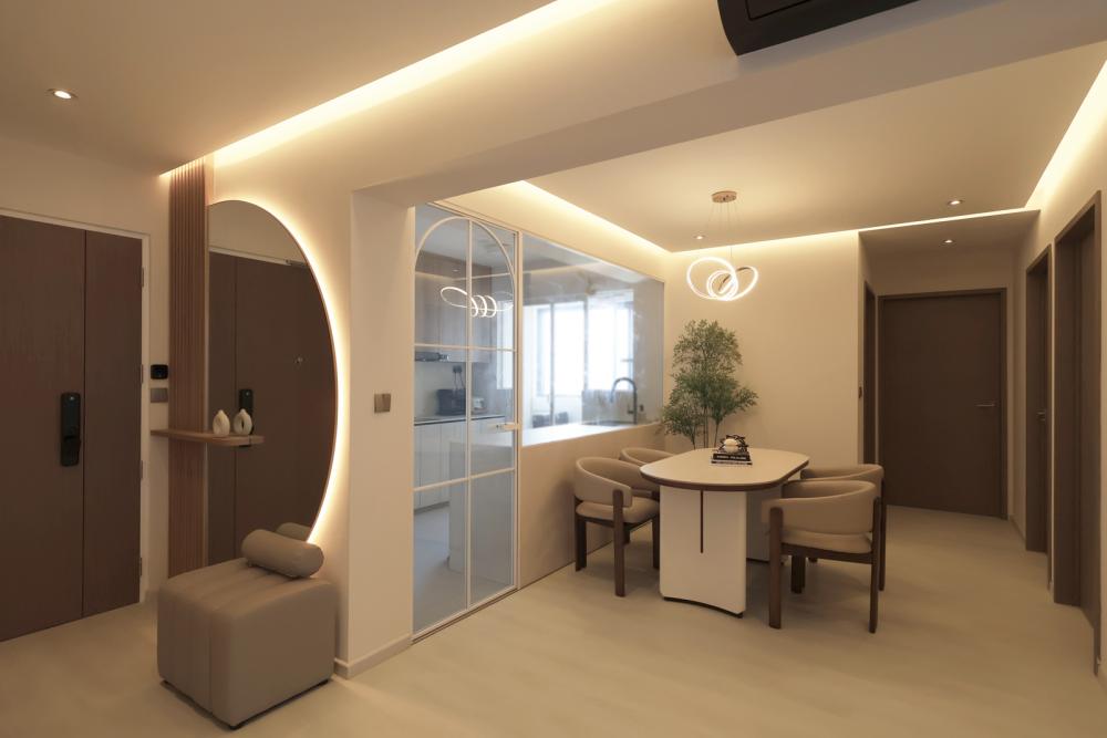 Contemporary Dining Room with Chandelier and Dining Table