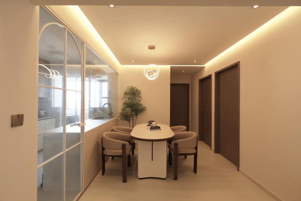 Contemporary Dining Room with Cove Lighting and Chandelier