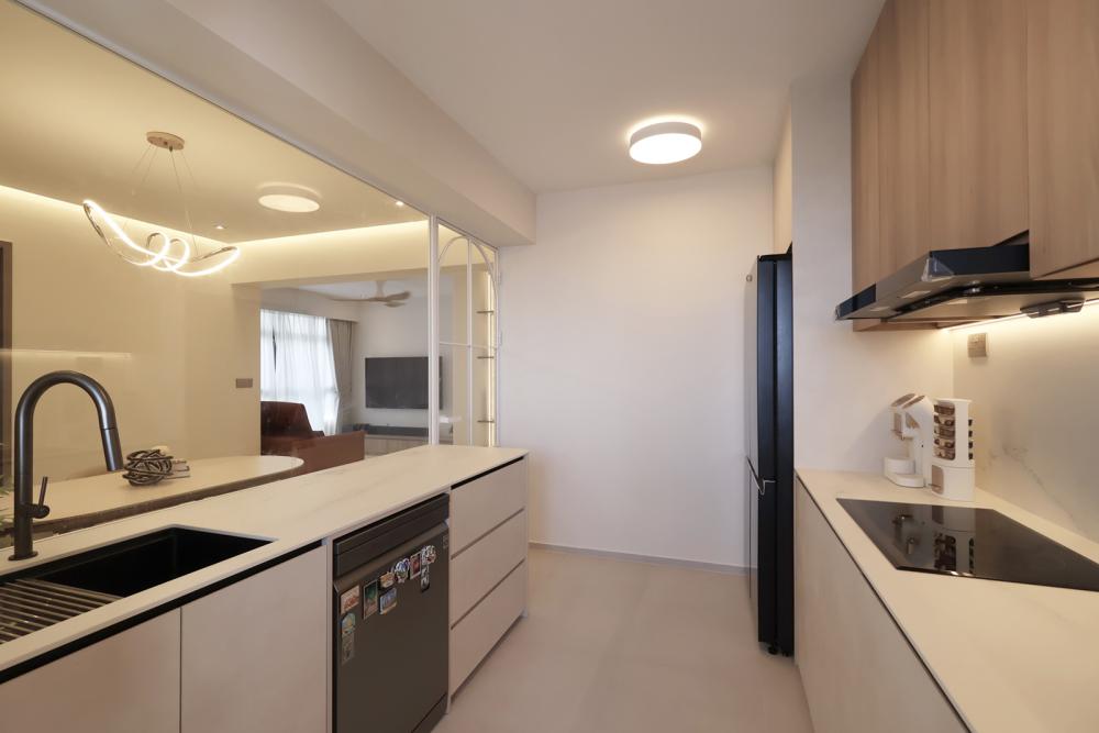 Contemporary Kitchen with Kitchen Window and Cupboard