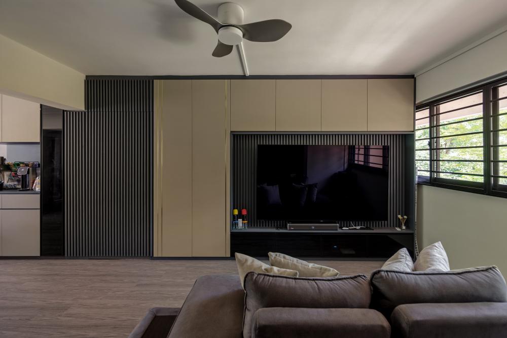 Asian Living Room with Vinyl Flooring and TV Console