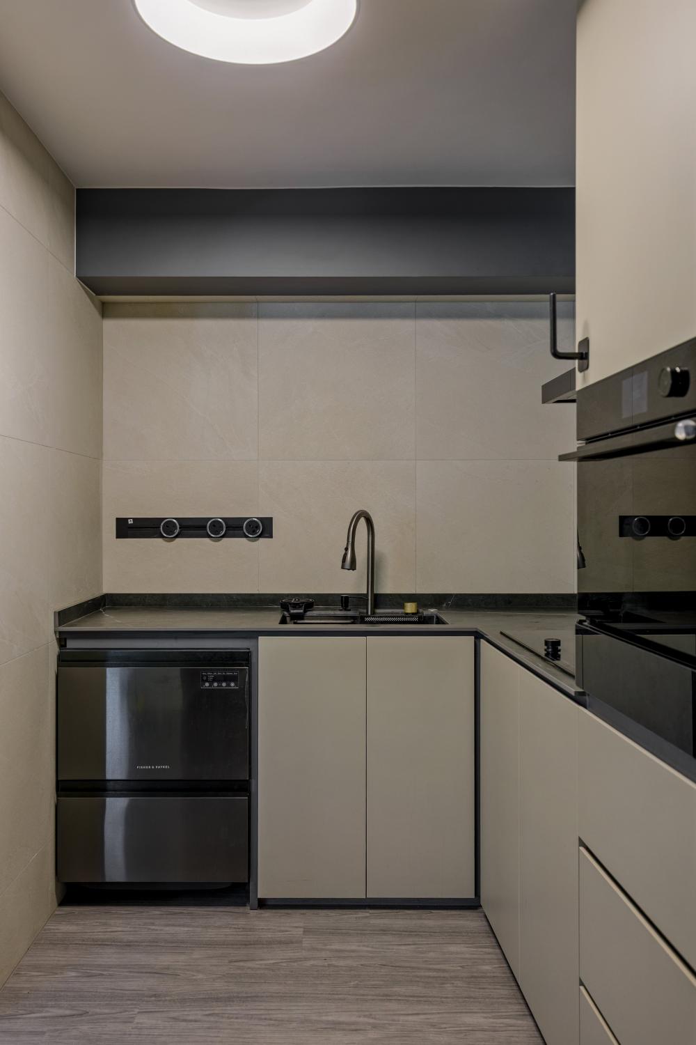 Asian Kitchen with Countertop and Vinyl Flooring