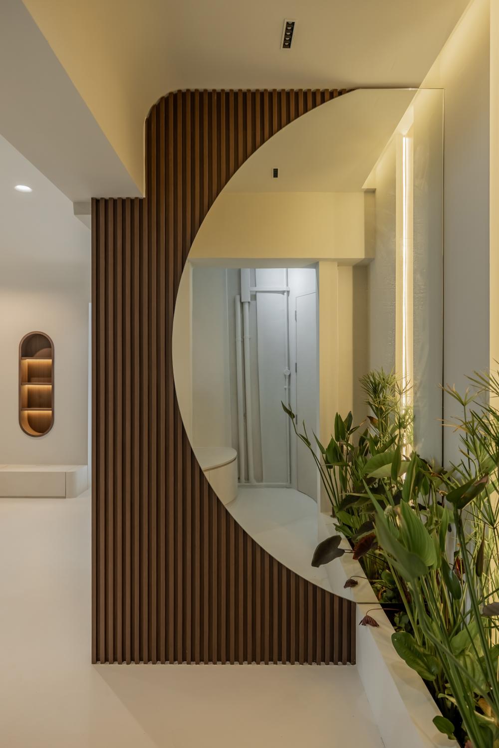 Minimalist Foyer with Settee and Cement Floor