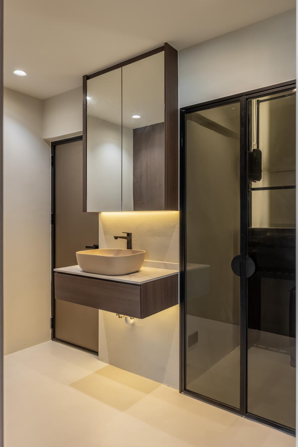 Minimalist Bathroom with Countertop and Cement Floor