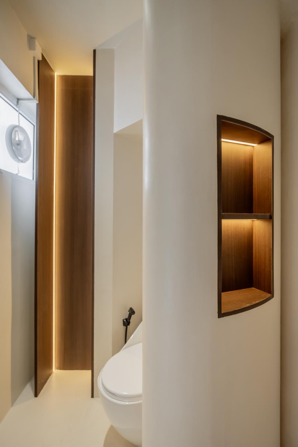 Minimalist Bathroom with Cement Floor and Display Cabinets