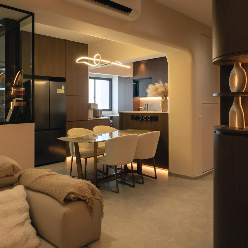 Contemporary Dining Room with Drop Light and Cove Lighting