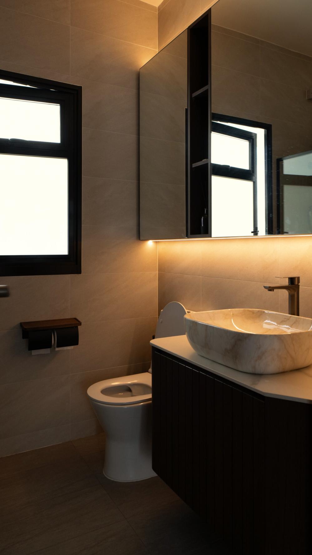 Contemporary Bathroom with Herringbone Tiling and Mirror