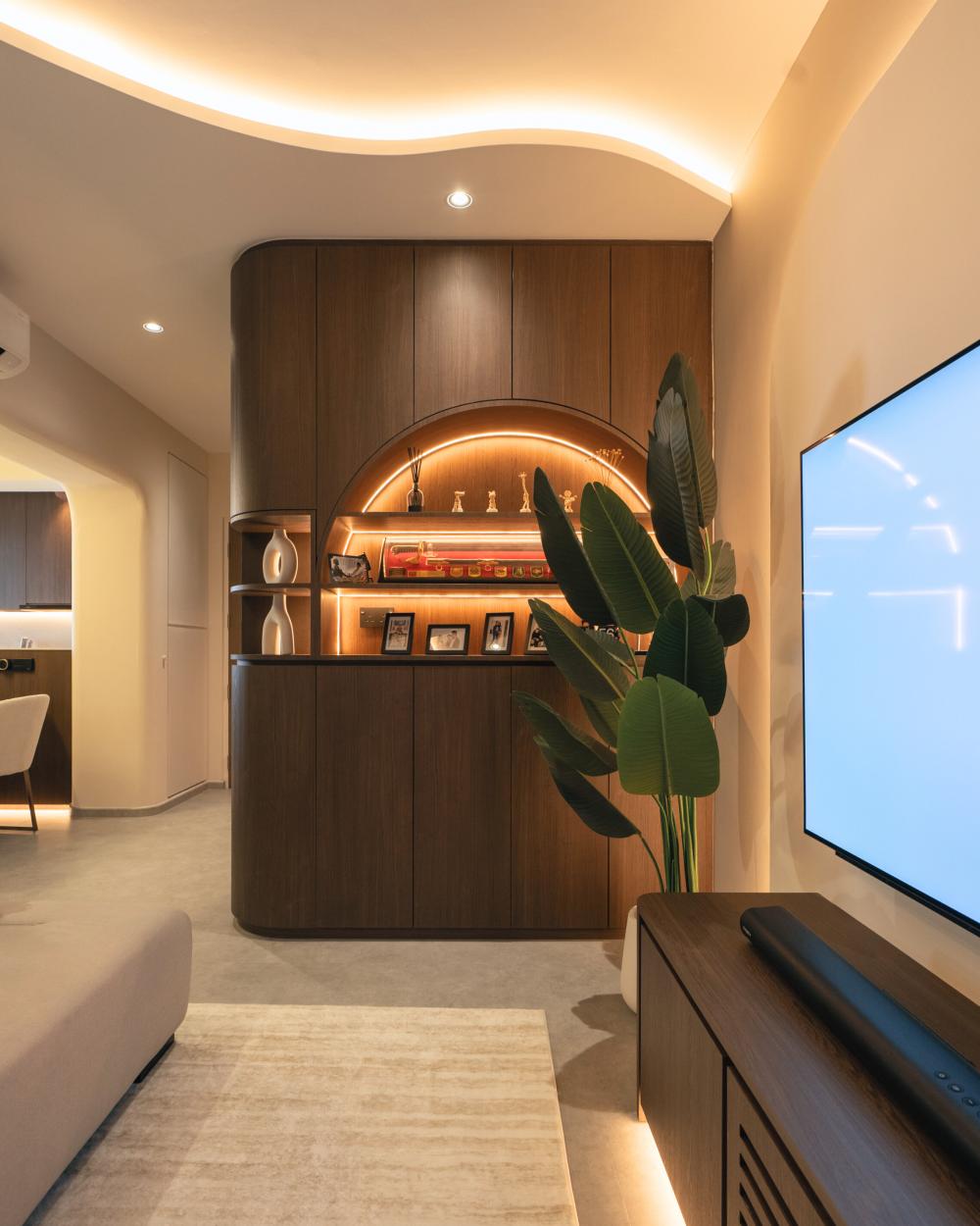 Contemporary Living Room with Cement Floor and Feature Wall