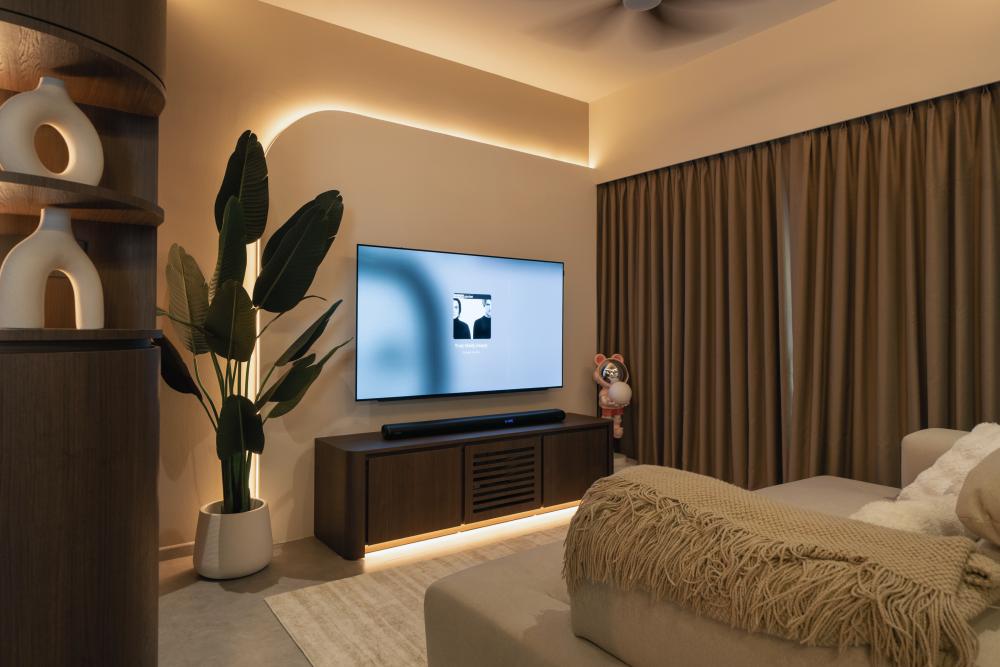 Contemporary Living Room with Homogeneous Tiles and TV Console