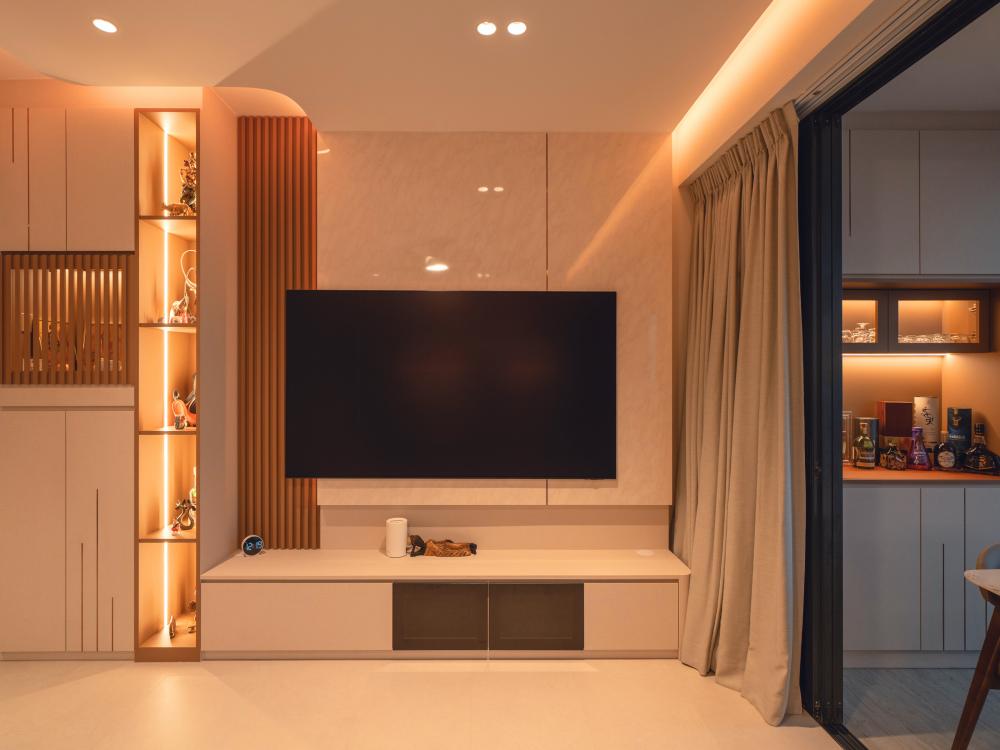 Contemporary Living Room with Bookshelf and TV Console