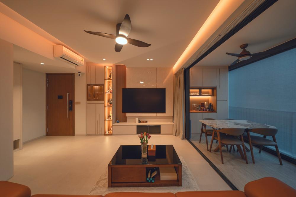 Contemporary Living Room with Granite Floor and TV Console