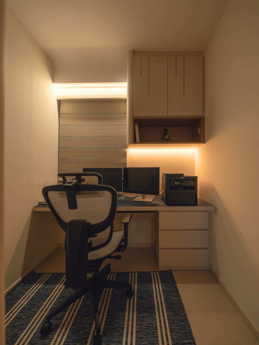 Contemporary Home Office with Drawer Units and Wall Shelves
