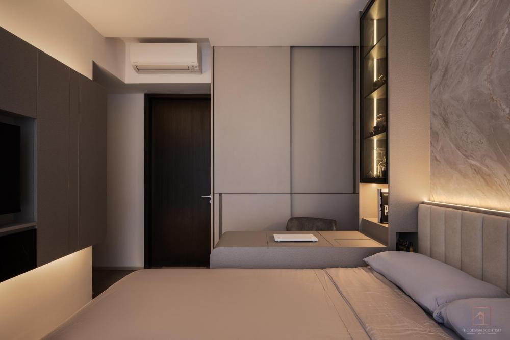 Contemporary Bedroom with Bookshelf and Cove Lighting