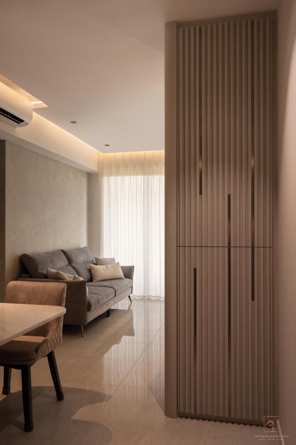 Contemporary Living Room with Bookshelf and Marble Floor