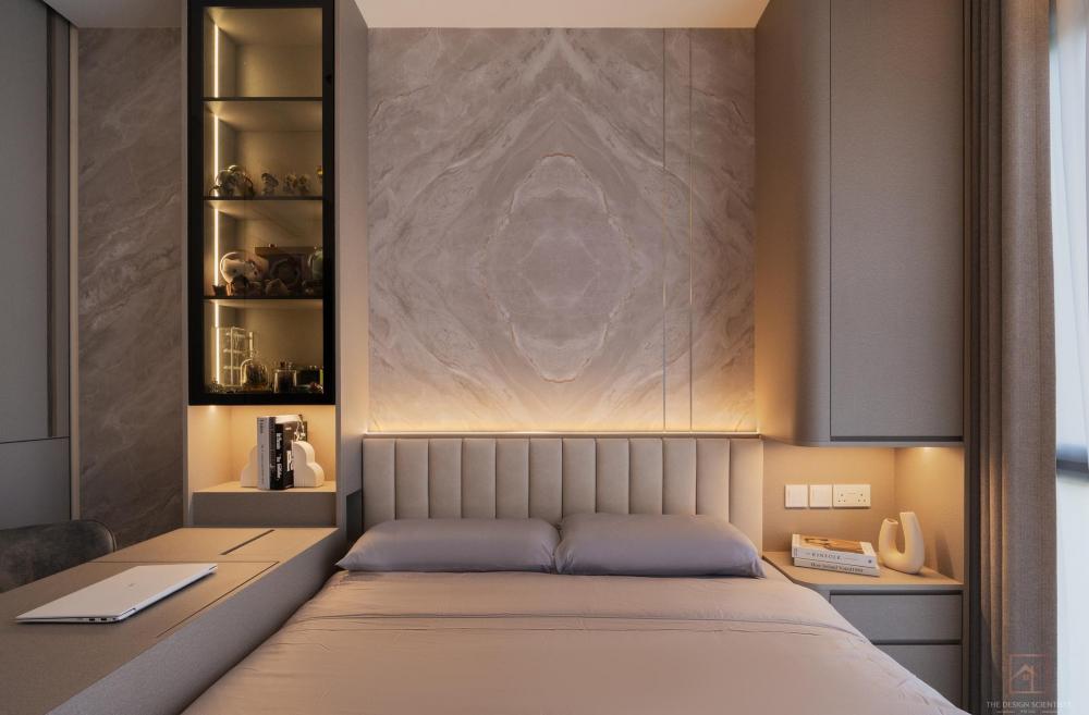 Contemporary Bedroom with Bookshelf and Cove Lighting
