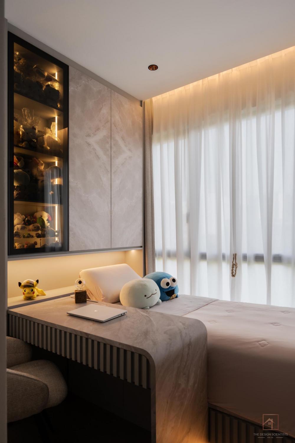 Contemporary Bedroom with Bookshelf and Bay Window