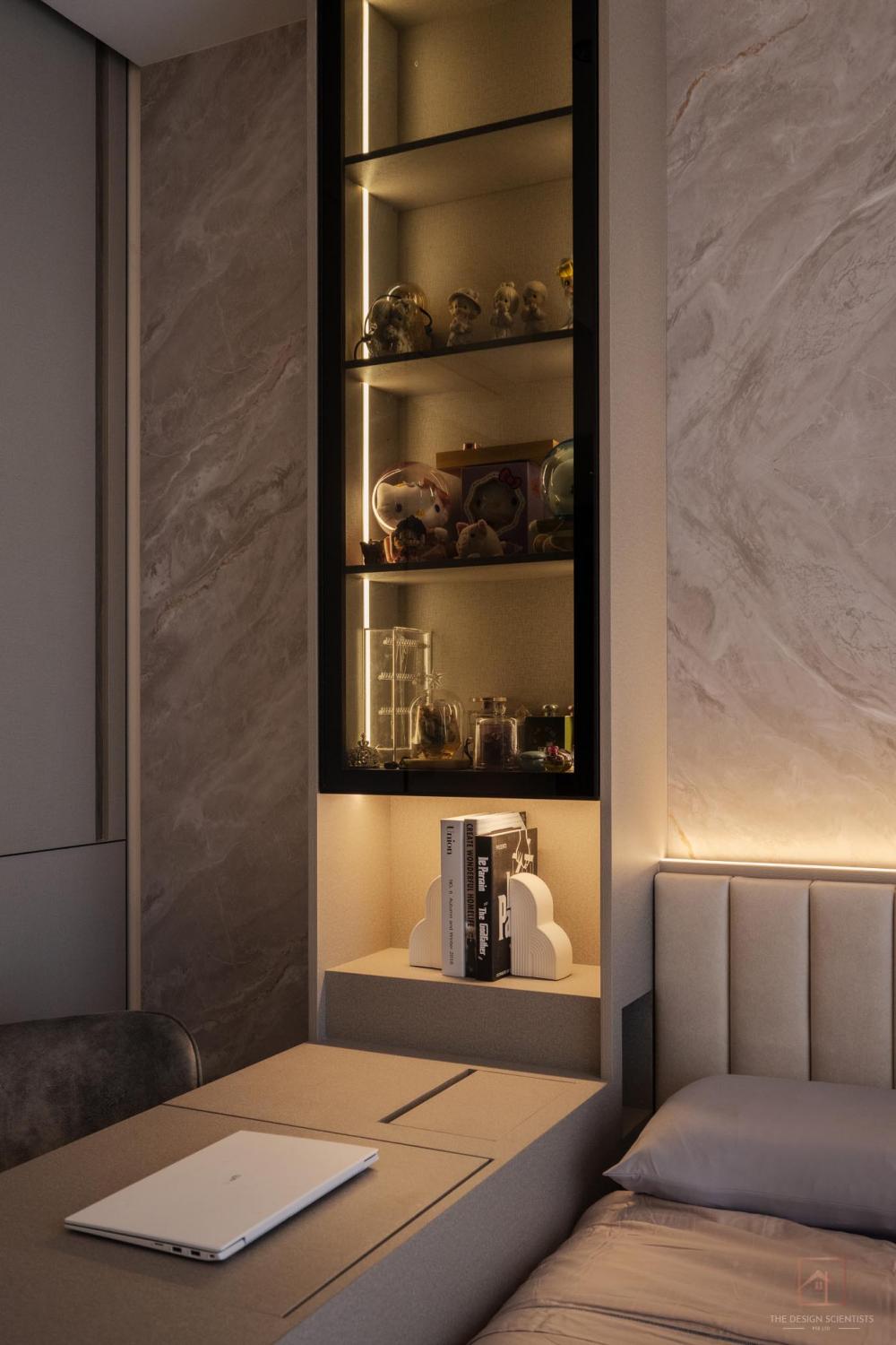 Contemporary Bedroom with Bookshelf and Cove Lighting