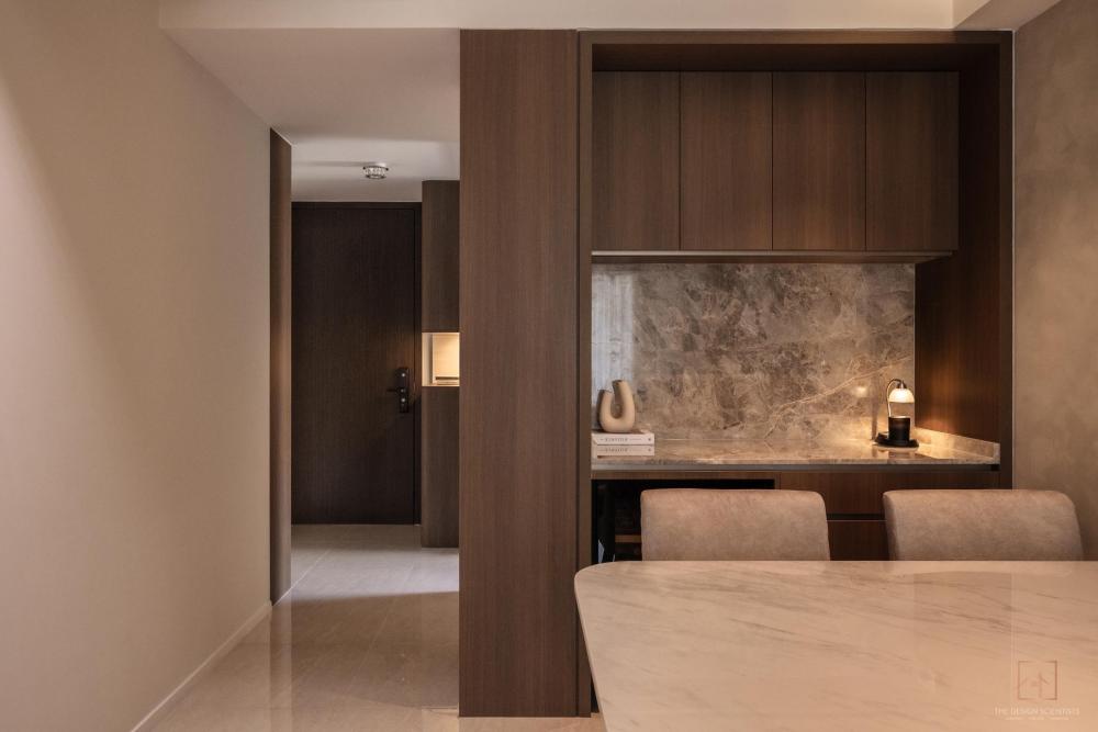 Contemporary Hallway with Bookshelf and Dining Table