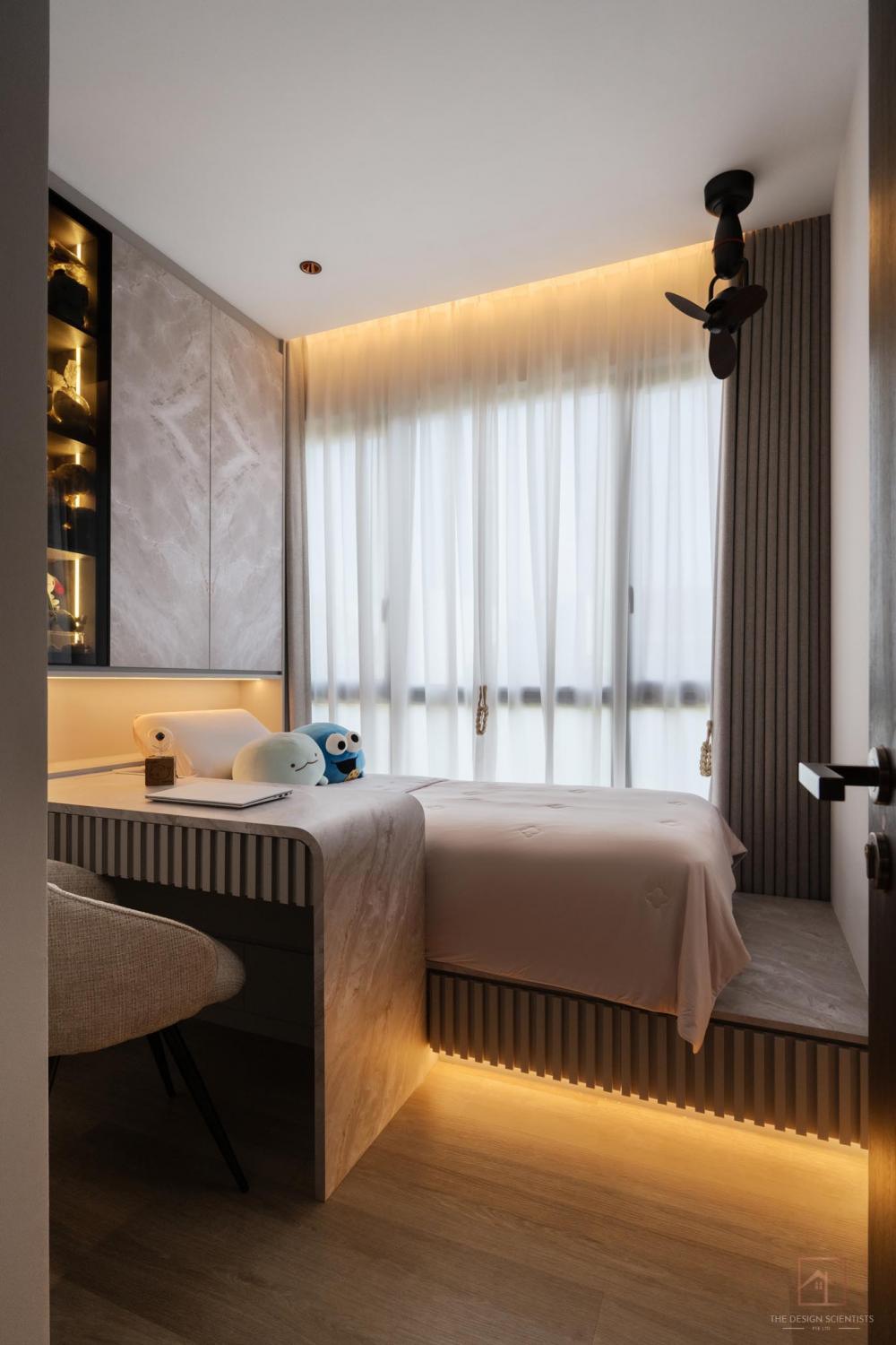 Contemporary Bedroom with Bookshelf and Bay Window