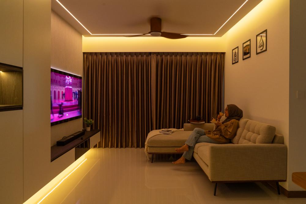 Contemporary Living Room with TV Console and Downlights