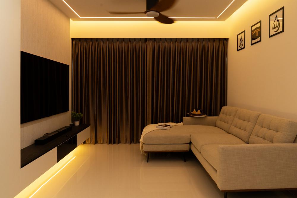 Contemporary Living Room with TV Console and Cove Lighting