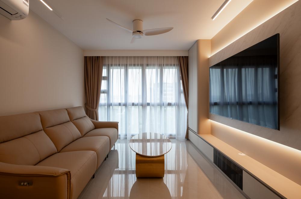 Modern Living Room with TV Console and Cove Lighting