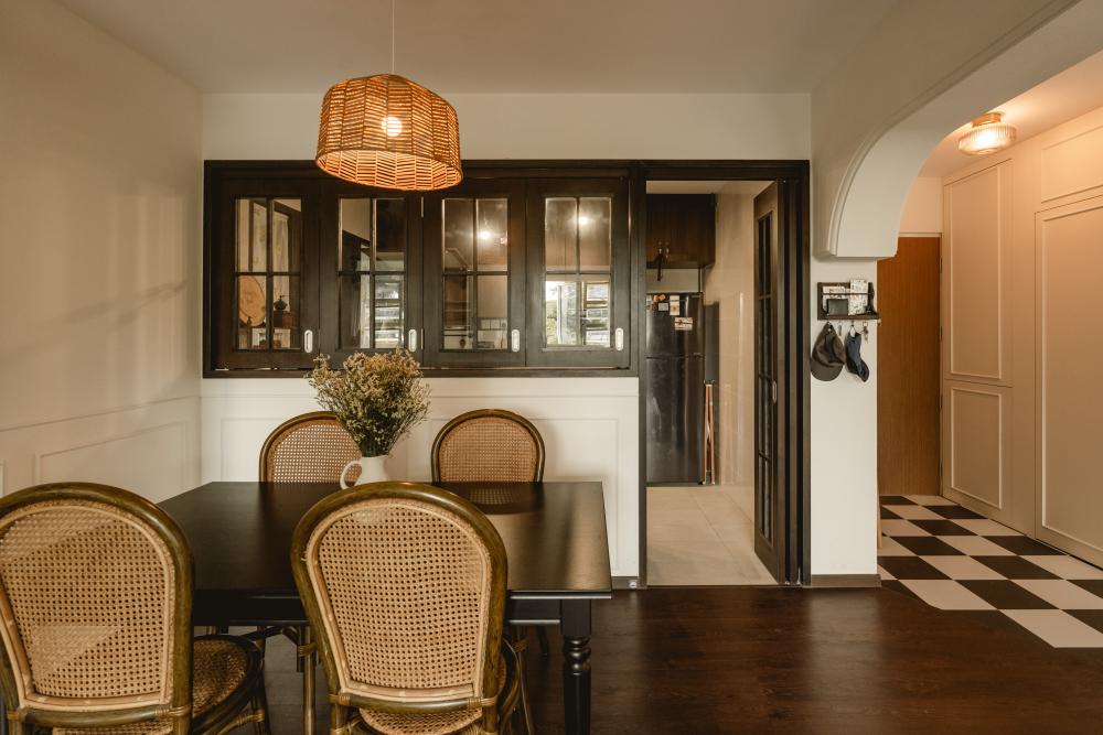 Vintage Dining Room with Drop Light and Kitchen Window
