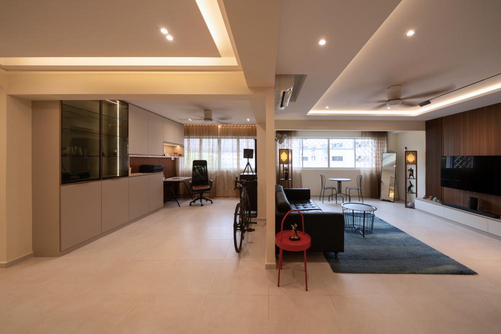 Modern Living Room with Bookshelf and Feature Wall