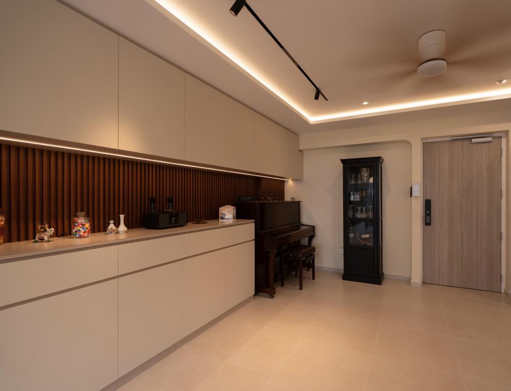 Modern Living Room with Drop Ceiling and Ceiling Fan