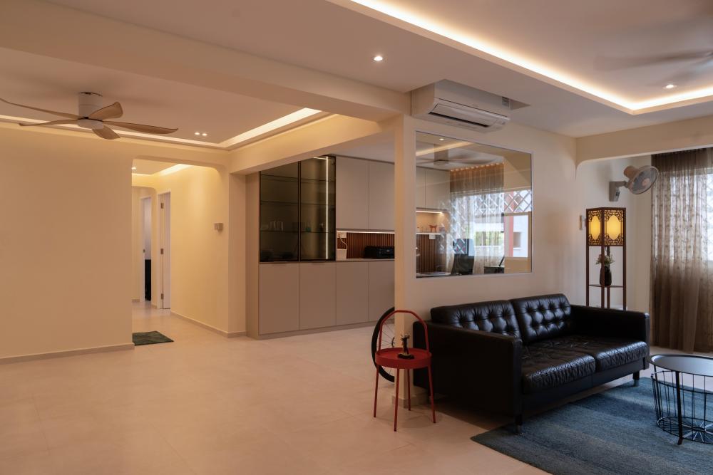 Modern Living Room with Bookshelf and Drop Ceiling