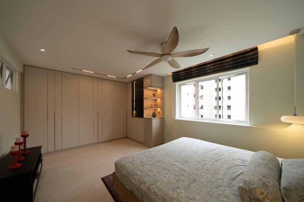 Modern Bedroom with Cove Lighting and Ceiling Fan