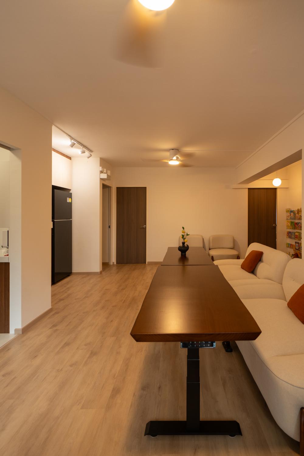 Modern Living Room with Parquet Floor and Ceiling Light