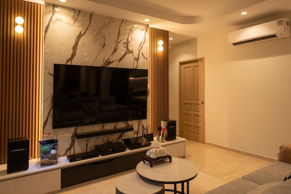 Contemporary Living Room with TV Console and Feature Wall